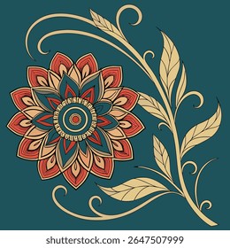 Elegant decorative floral vector with a stylized flower and branch on a teal background. Ideal for design, patterns, and textiles.