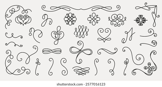 Elegant decorative flourishes and swirls in black. Curved lines and ornate designs. Perfect for invitations, borders, and embellishments. Flourishes and swirls galore. Hand drawn ornament vector set.