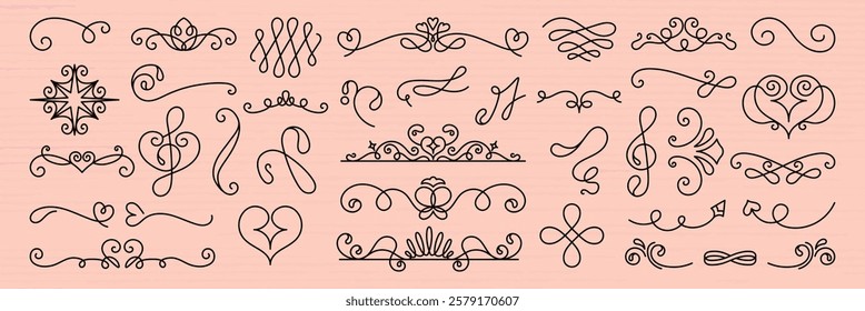 Elegant decorative flourishes and swirls in black on a beige background. Ornamental swirls and flourishes create a vintage feel. Swirls and flourishes for design. Hand drawn ornament vector set.