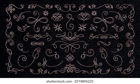 Elegant decorative flourishes and swirls on a dark background. Flourishes include loops, curves, and ornate designs. Swirls and flourishes create a vintage feel. Hand drawn ornament vector set.