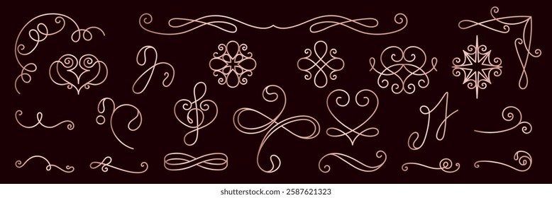 Elegant decorative flourishes in a vintage style. Swirls and curls form intricate patterns. Perfect for vintage designs, invitations, and decorative projects. Hand drawn ornament vector set.