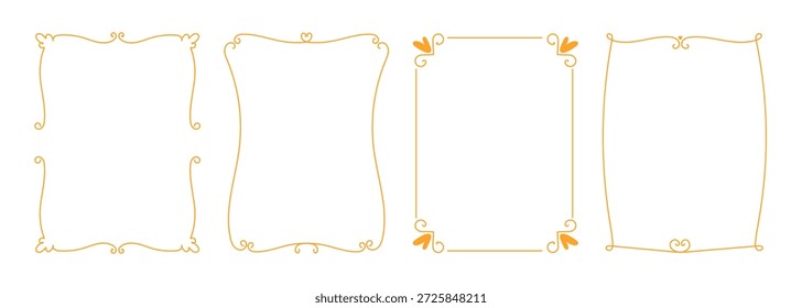 Elegant decorative frame templates hand drawn line style with ornamental swirls and hearts, perfect for greeting cards, invitations, posters, digital layouts, and printable designs.Vector illustration