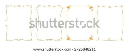 Elegant decorative frame templates hand drawn line style with ornamental swirls and hearts, perfect for greeting cards, invitations, posters, digital layouts, and printable designs.Vector illustration