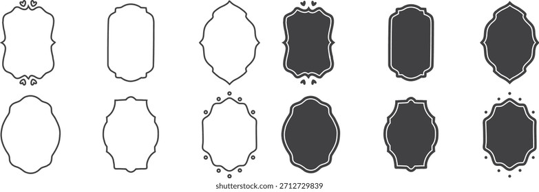 Elegant decorative frame vector set with ornate label borders, vintage outline shapes, classic badge templates, and stylish ornamental frames in both filled and linear designs.