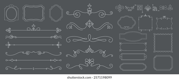 Elegant decorative frames and borders in various ornate designs. Includes swirls, flourishes, and vintage elements for stylish decoration and framing. Vintage ornamental elements vector set.