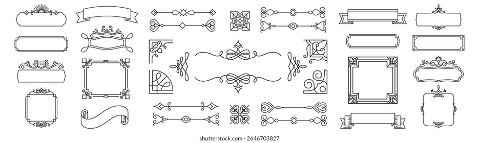 Quadros decorativos elegantes e bordas em várias formas. Quadros ornamentados, bordas intrincadas e designs antigos. Perfeito para convites e certificados. Conjunto de vetores ornamentais.