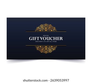 Elegant Decorative Gift Voucher with Golden Text on a Dark Blue Background