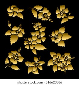 Elegant decorative golden hibiscus flowers, design elements. Floral decorations for vintage wedding invitations, greeting cards, banners