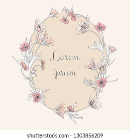 Elegant decorative hand drawn vector flower wreath on neutral beige background.Herbal line art graphic design element for invitations, greeting cards, quotes, blogs, posters, wedding frames, cosmetic
