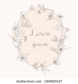 Elegant decorative hand drawn vector flower wreath on neutral beige background. Herbal line art graphic design element for invitations, greeting cards, quotes, blogs, posters, wedding frames, cosmetic