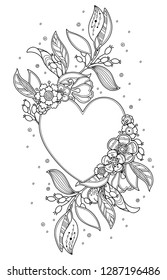 Elegant decorative heart frame with  flowers, ornate elements in doodle style. Magic love floral, ornate, decorativedesign elements. Black and white background. Zentangle coloring book page