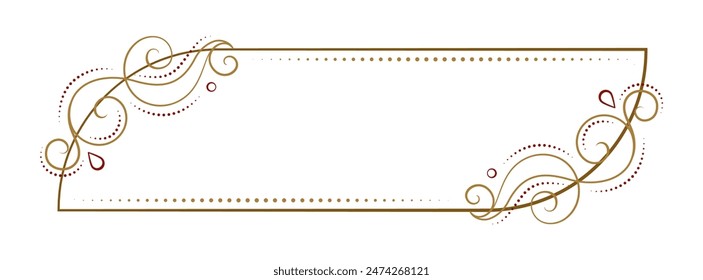 Elegante marco decorativo Horizontal de cartouche con intrincados remolinos dorados y rojos, ideal para invitaciones, anuncios o diseños festivos.