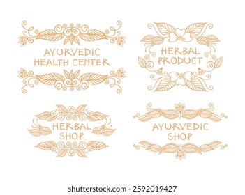 Elegant decorative, inspired by Mehandi designs featuring AUYRVEDIC SHOP, HERBAL SHOP, etc located between ornate floral and leaf patterns. Artistic vector set in a mono beige palette, nice for banner