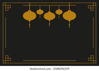 Elegant decorative lanterns hang on a dark background, creating a festive atmosphere during the celebration. Golden Chinese lanterns on a black background in a frame