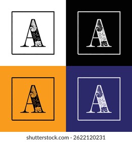 Elegant decorative letter A in square frames with ornamental floral design, displayed in four colorful backgrounds white, black, orange, and dark blue for typography art