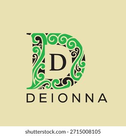An elegant decorative logo featuring a stylized letter “D” with intricate floral patterns, expressing creativity, sophistication, and a premium brand identity suitable for fashion, beauty, or boutique