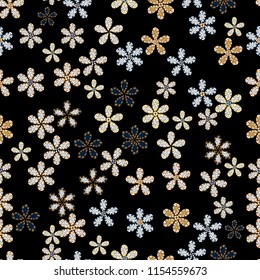 Elegant decorative ornament for fashion print, scrapbook, wrapping paper, wallpaper. Vector sketch. Cute flowers on black, white and blue colors. Simple floral seamless pattern with small flowers.