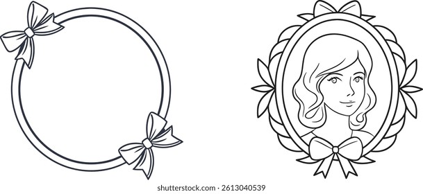 Elegant Decorative Outlines Of A Bow Circle Frame And A Portrait Cameo