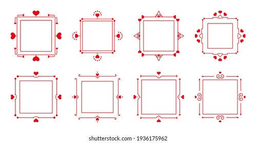 Elegant decorative red frame set. Ornamental frames certificate with hearts great for romantic menu, book. Decor border for text wedding invitation card or Valentines Day. Isolated vector illustration