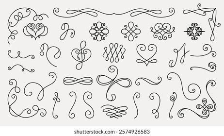 Elegant decorative swirls and flourishes in black. Swirls, flourishes, and decorative elements create a sophisticated design. Perfect for invitations and embellishments. Hand drawn ornament vector set