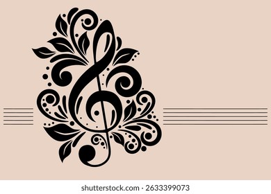 Elegant decorative treble clef with floral pattern. Beautiful black decorative treble clef intertwined with intricate floral and scroll elements on a subtle background for music, art design concepts