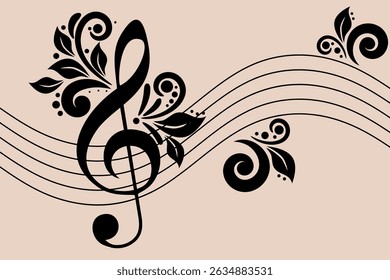 Elegant decorative treble clef with floral pattern. Beautiful black decorative treble clef intertwined with intricate floral and scroll elements on a subtle background for music, art design concepts
