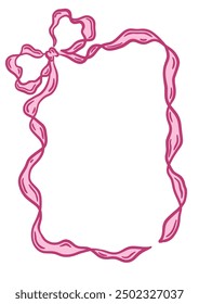 Elegant decorative vector frame of ribbon bow. Vintage delicate element in hand-drawn style. Romantic coquette border. Suitable for wedding or birthday invitation