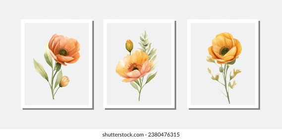 Elegant decorative vector poppy flowers and leaves in watercolor style, design element. Floral decoration for wedding invitations, greeting cards, banners. 