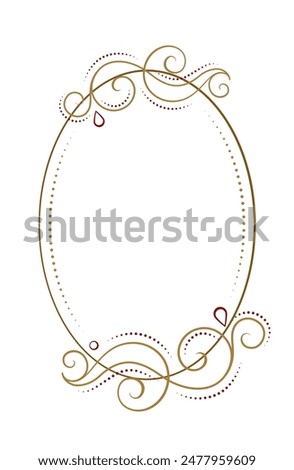 Elegant decorative vertical oval frame with intricate gold and red swirls, ideal for invitations, announcements, or festive designs.