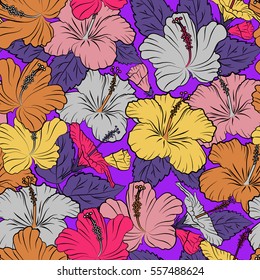 Elegant with decorative violet, pink and yellow hibiscus flowers. Vector floral pattern for wedding invitations, greeting cards, scrapbooking, print, gift wrap, manufacturing fabric, textile.