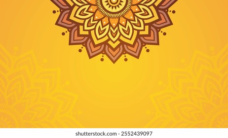 Elegant and Decorative Yellow Mandala Pattern with Vibrant Top Border on Warm Yellow Horizontal Background