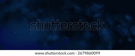 Elegant deep blue starry background with shimmering silver stars, glowing glitter, and soft sparkle. Abstract watercolor design for festive invitations.