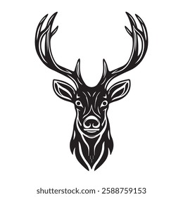 Elegant Deer Antler Illustration in Black and White, Hand Drawn Deer Head with Antlers Vector Illustration