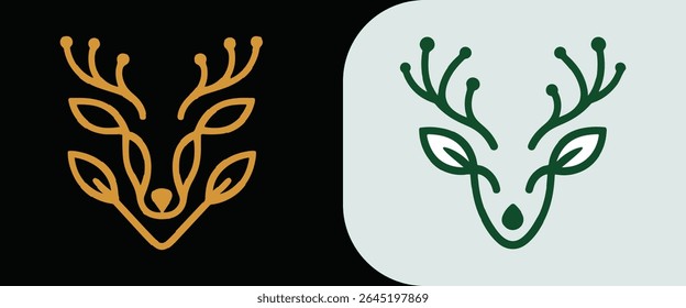 Elegant Deer Head Logo Featuring Antlers and Leaves in Contrasting Color Schemes for Modern Design
