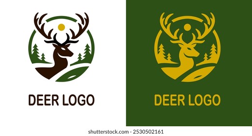 Elegant deer logo featuring a majestic deer with antlers, set against a natural backdrop of trees and a sun