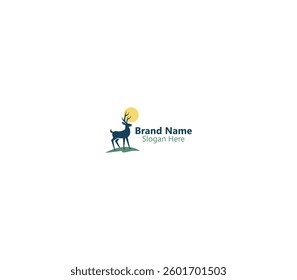 Elegant Deer with Nature Sun logo, Natural Brand with Deer Icon on white background. 