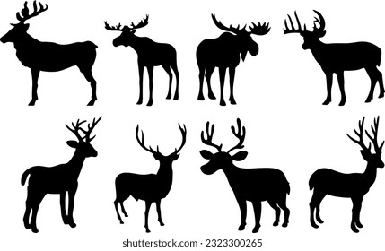 Elegant Deer Silhouettes: Vector Illustration Set on White Background, "Graceful Deer Silhouettes: Collection of Vector Illustrations on White Background"