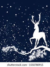 elegant deer standing on pine tree branch among falling snow - christmas time natural wilderness vector silhouette design