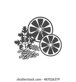 Elegant delicacies from the sea concept in monochrome variant. Seafood illustration for packaging, logos, and patterns. Caviar filed with lemon and herbs.