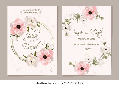 Elegant delicat watercolor wedding invitations with pink flowers and wreath. Versatile templates for holiday and anniversary greeting or invitation cards.