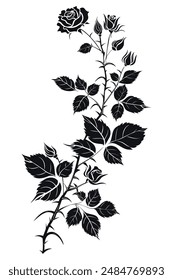 Elegant and delicate floral design of a rose branch silhouette with thorns and leaves