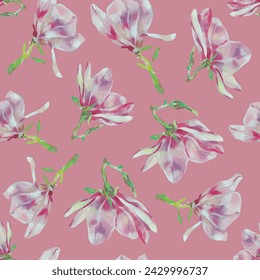 Elegant and delicate non-directional ornament for women's clothing or home textiles. Vector seamless pattern of blooming magnolias on dark pink background. 