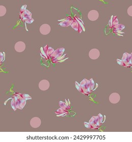 Elegant and delicate non-directional ornament for women's clothing or home textiles. Vector seamless pattern of blooming magnolias and pink dots on brown cocoa background. 