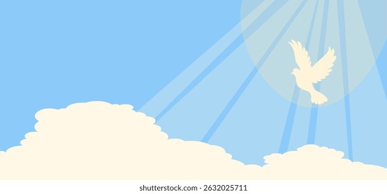 Elegante representando uma pomba branca, simbolizando o Espírito Santo, voando acima de nuvens macias com raios de luz celestes. Ideal para projetos religiosos, materiais da igreja. Ilustração de vetor
