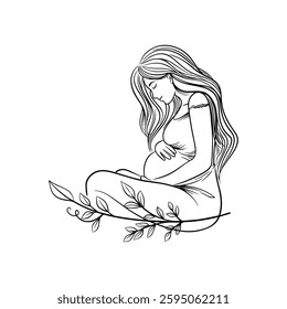 Elegant depiction of a pregnant woman embracing motherhood with nature-inspired elements in a serene setting