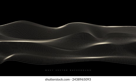 Elegant design of black background with golden wavy lines that resemble topographic lines or sound waves - vector illustration
