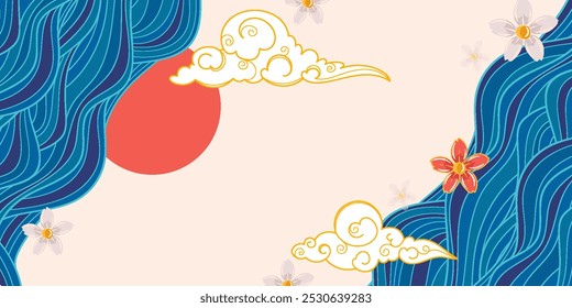 Elegant design with blue ocean waves on a white background. Japanese clouds. Sakura flowers. Perfect for banners, templates, and festive decor.