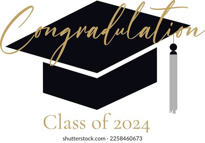 Elegant design. Class of 2024 vector badges university or high school cap Congrats graduates concept. Black, gold and white. graduation Stock vector for shirts, prints, cards, invitations