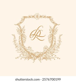 An elegant design with delicate flowers, beautifully capturing the timeless love of R and L. Exquisite wedding crest with initial R and L