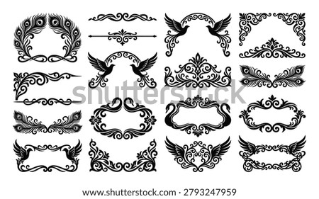 Elegant design elements featuring peacock feathers, doves, swans, and angel wings for invitation cards, labels.